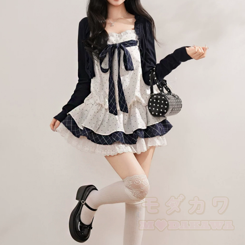 Long Sleeve Cardigan Polka Dot Bow Cami Tiered Dress Two Pieces Set - image 8