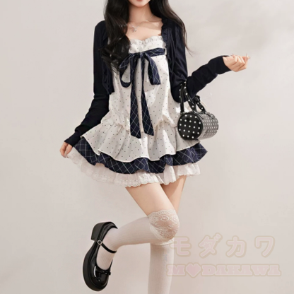 Long Sleeve Cardigan Polka Dot Bow Cami Tiered Dress Two Pieces Set - image 8