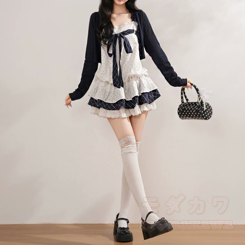 Long Sleeve Cardigan Polka Dot Bow Cami Tiered Dress Two Pieces Set - image 9