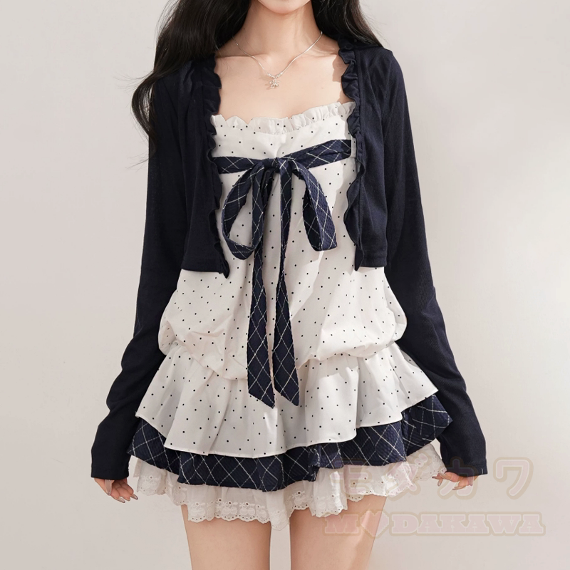 Long Sleeve Cardigan Polka Dot Bow Cami Tiered Dress Two Pieces Set - Cardigan - XL - image 7