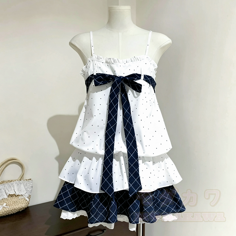 Long Sleeve Cardigan Polka Dot Bow Cami Tiered Dress Two Pieces Set - Dress - XL - image 5