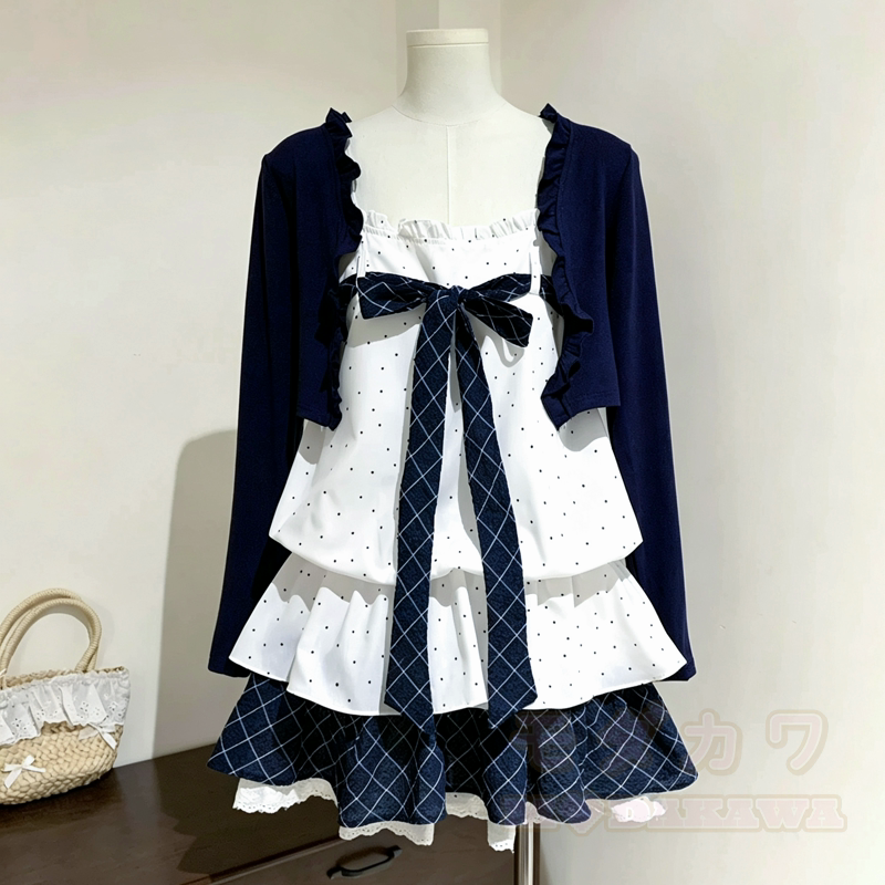Long Sleeve Cardigan Polka Dot Bow Cami Tiered Dress Two Pieces Set - Set - XL - image 3