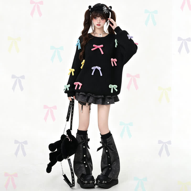 Colorful 3D Bow Crew Neck Knit Sweater - image 1