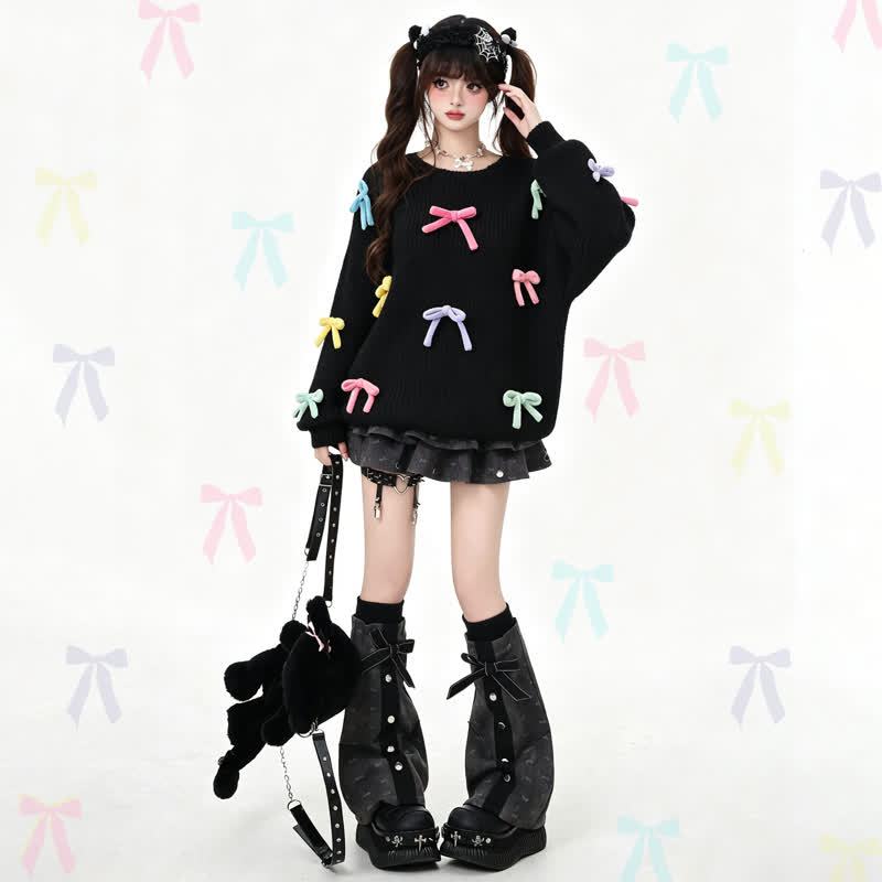 Colorful 3D Bow Crew Neck Knit Sweater - image 1