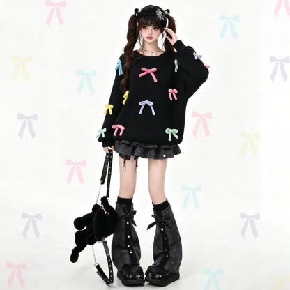 Colorful 3D Bow Crew Neck Knit Sweater - image 1