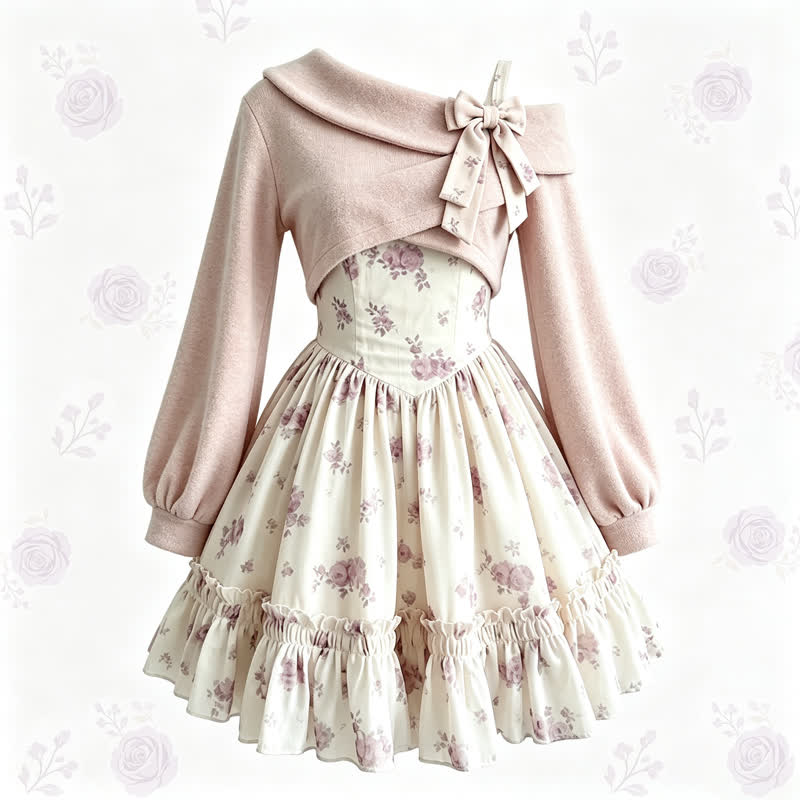 Elegent Off Shoulder Bow Knit Top Floral Ruffle Slip Dress Two Pieces Set  - image 1