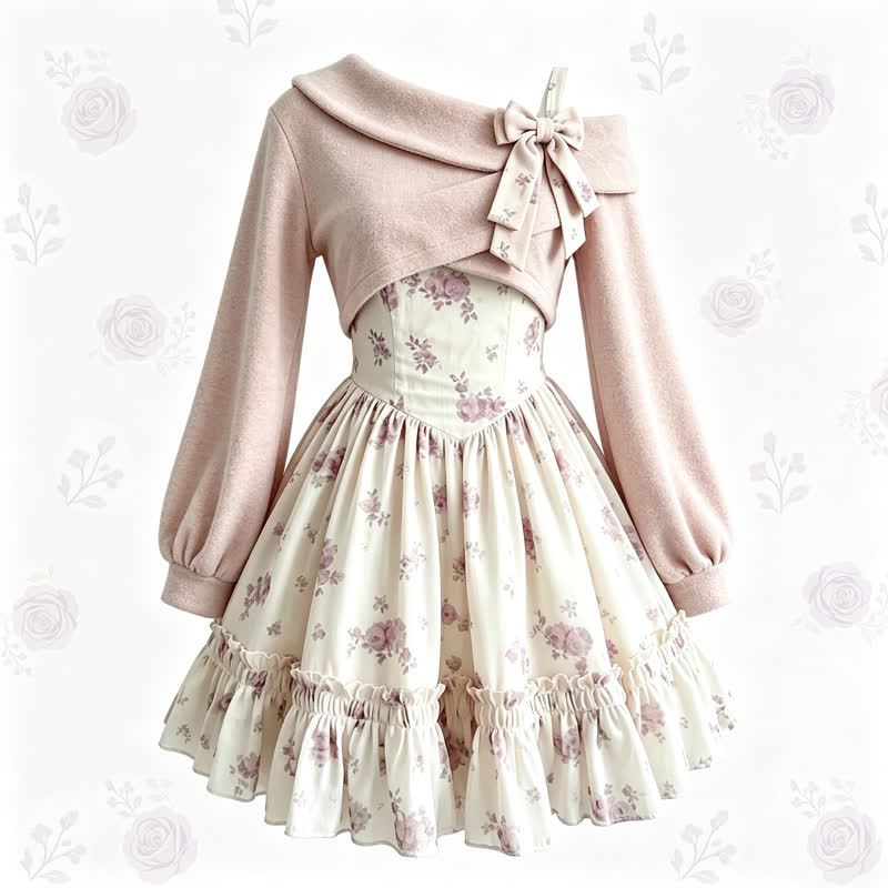 Elegent Off Shoulder Bow Knit Top Floral Ruffle Slip Dress Two Pieces Set  - image 1