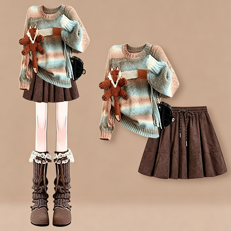 Gradient Striped Knit Sweater Drawstring Pleated Skirt Two Pieces Set - Set - 4XL - image 1