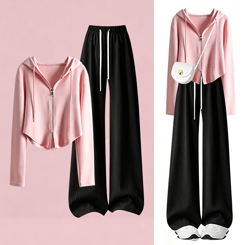 Sweet Zip Up Hooded Cropped Jacket Drawstring Wide Leg Pant Two Pieces Set - Set - 4XL - image 1