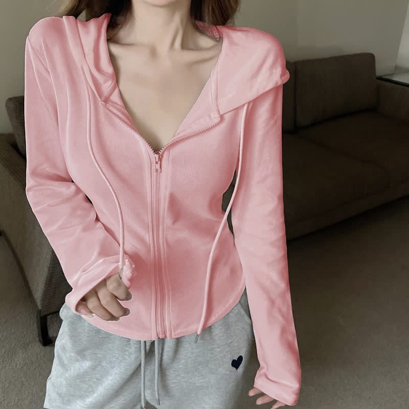 Sweet Zip Up Hooded Cropped Jacket Drawstring Wide Leg Pant Two Pieces Set - image 2