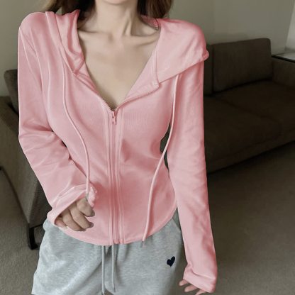 Sweet Zip Up Hooded Cropped Jacket Drawstring Wide Leg Pant Two Pieces Set - image 2
