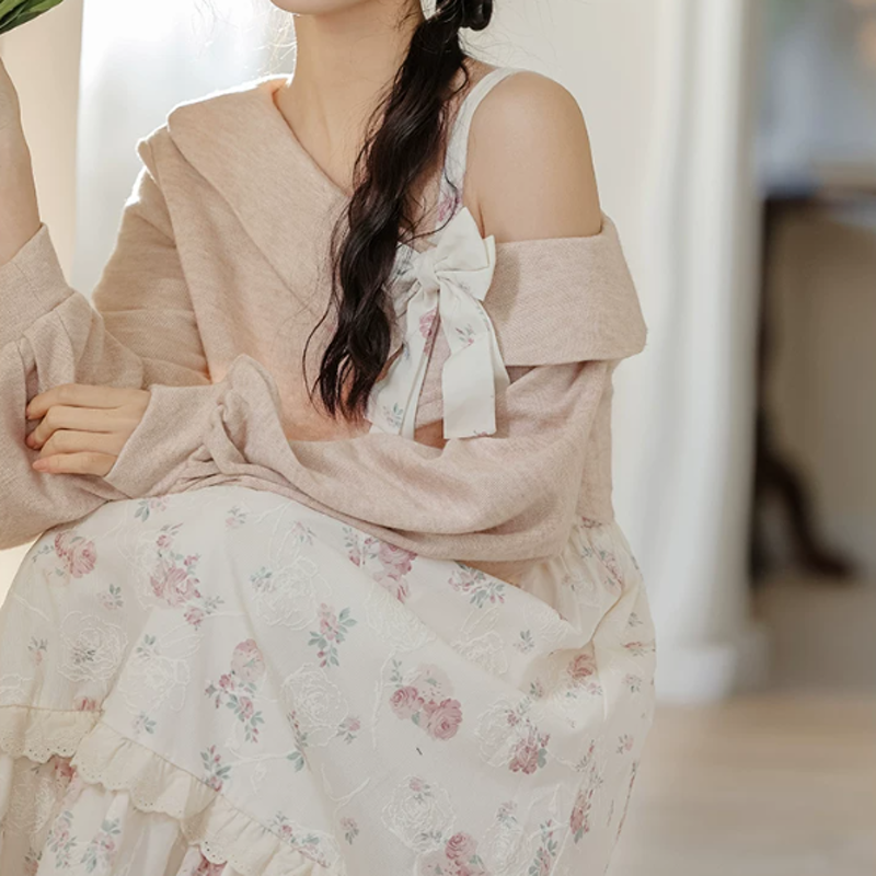 Elegent Off Shoulder Bow Knit Top Floral Ruffle Slip Dress Two Pieces Set  - Top - XL - image 5