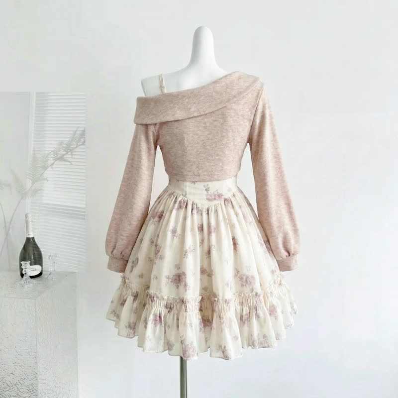 Elegent Off Shoulder Bow Knit Top Floral Ruffle Slip Dress Two Pieces Set  - image 3
