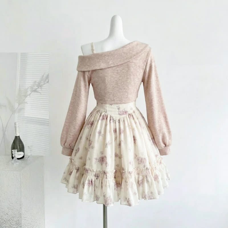Elegent Off Shoulder Bow Knit Top Floral Ruffle Slip Dress Two Pieces Set  - image 3