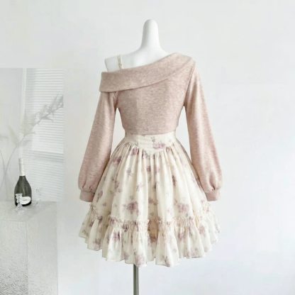 Elegent Off Shoulder Bow Knit Top Floral Ruffle Slip Dress Two Pieces Set  - image 3
