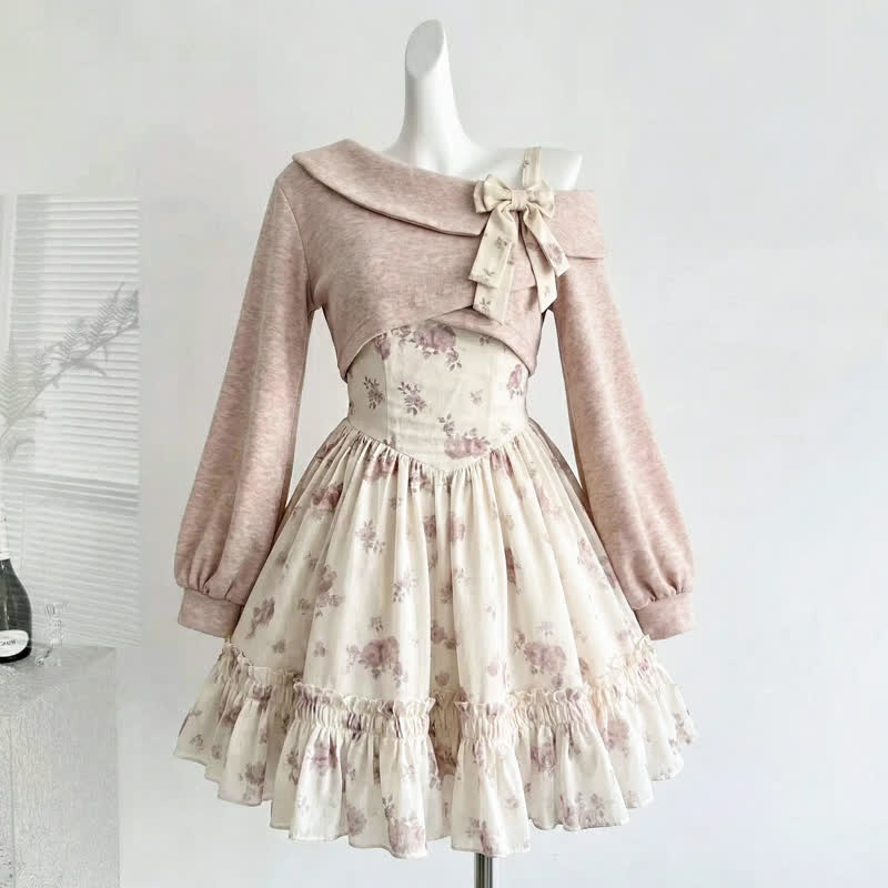 Elegent Off Shoulder Bow Knit Top Floral Ruffle Slip Dress Two Pieces Set  - Set - XL - image 2