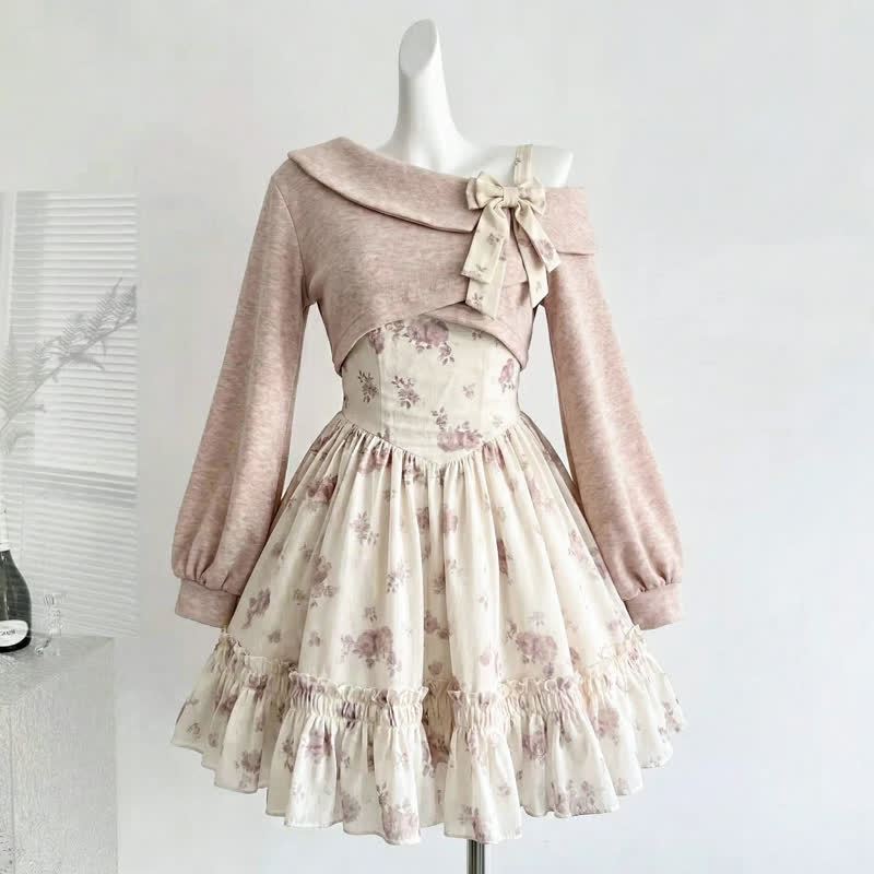 Elegent Off Shoulder Bow Knit Top Floral Ruffle Slip Dress Two Pieces Set  - Set - XL - image 2