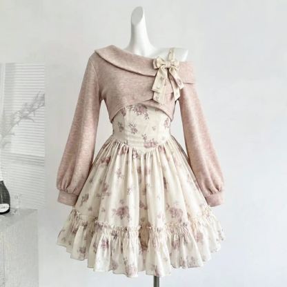 Elegent Off Shoulder Bow Knit Top Floral Ruffle Slip Dress Two Pieces Set  - Set - XL - image 2