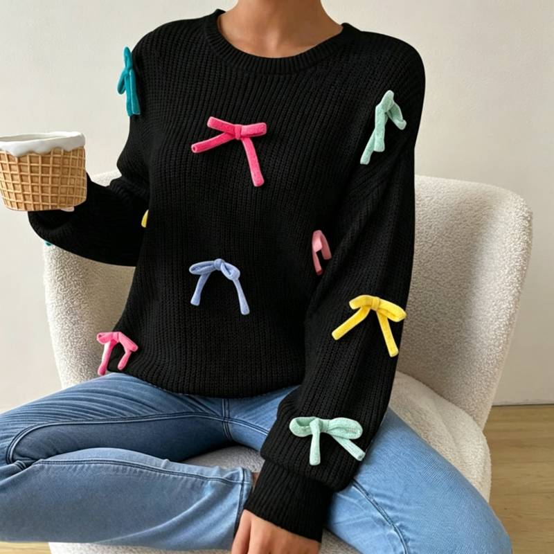 Colorful 3D Bow Crew Neck Knit Sweater - Black - L - image 2