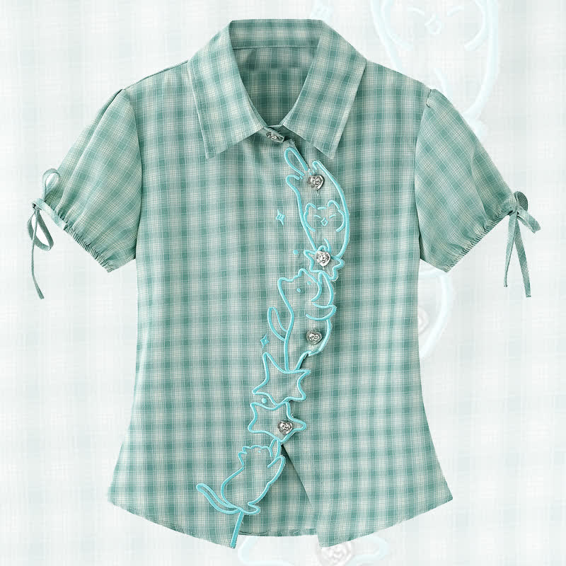 Embroidery Plaid Tie Cuff Puff Short Sleeve Lapel Shirt - Green - L - image 1