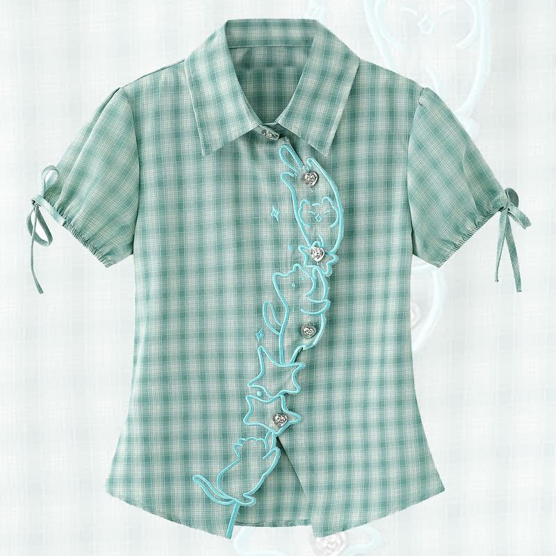 Embroidery Plaid Tie Cuff Puff Short Sleeve Lapel Shirt - Green - L - image 1