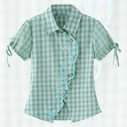 Embroidery Plaid Tie Cuff Puff Short Sleeve Lapel Shirt - Green - L - image 1