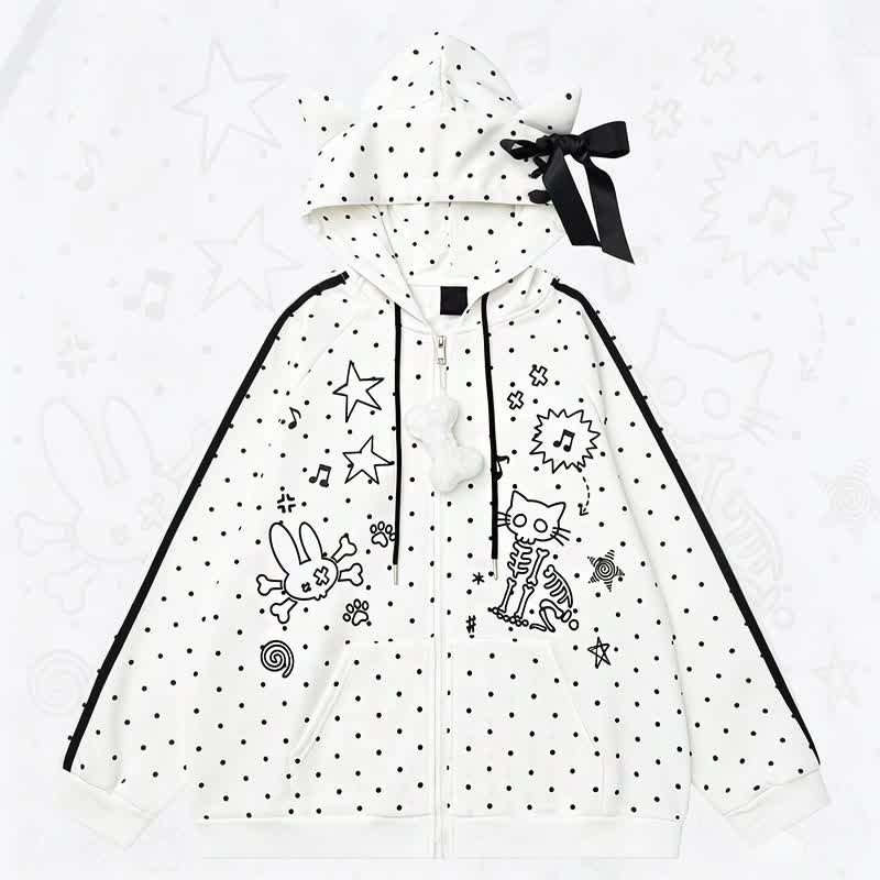 High Quality Durable Press Polka Dot Bow Zip Up Hooded Jacket - White - L - image 1