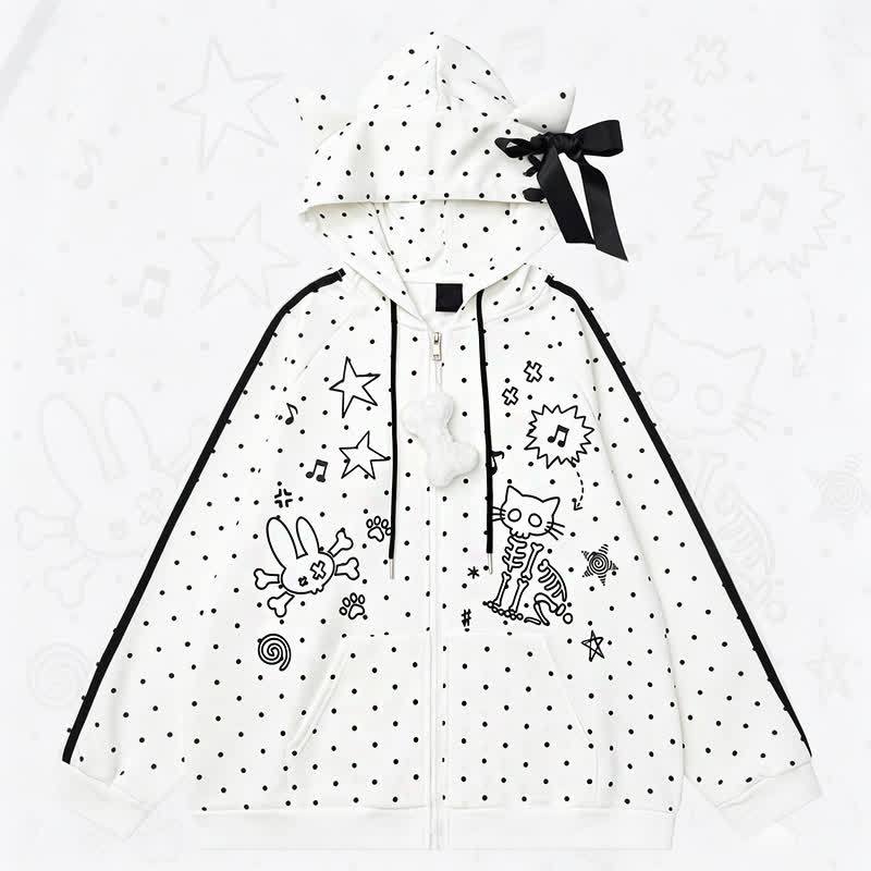 High Quality Durable Press Polka Dot Bow Zip Up Hooded Jacket - White - L - image 1