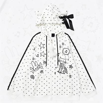 High Quality Durable Press Polka Dot Bow Zip Up Hooded Jacket - White - L - image 1