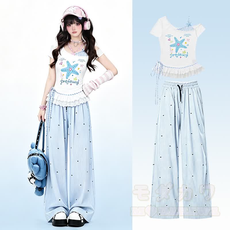 Star Print Off Shoulder Lace Top Polka Dot Wide Leg Pants Two Pieces Set - image 1