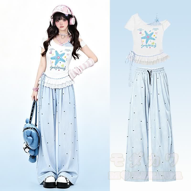 Star Print Off Shoulder Lace Top Polka Dot Wide Leg Pants Two Pieces Set - image 1