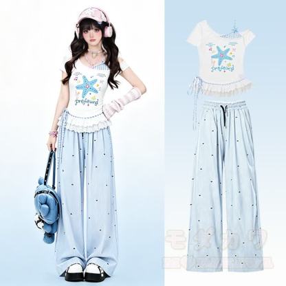 Star Print Off Shoulder Lace Top Polka Dot Wide Leg Pants Two Pieces Set - image 1