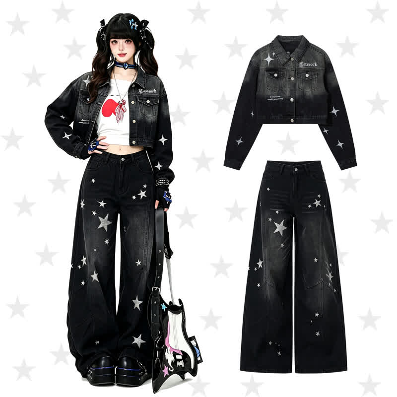 Star Print Gradient Denim Jacket Wide Leg Jeans Two Pieces Set - image 1