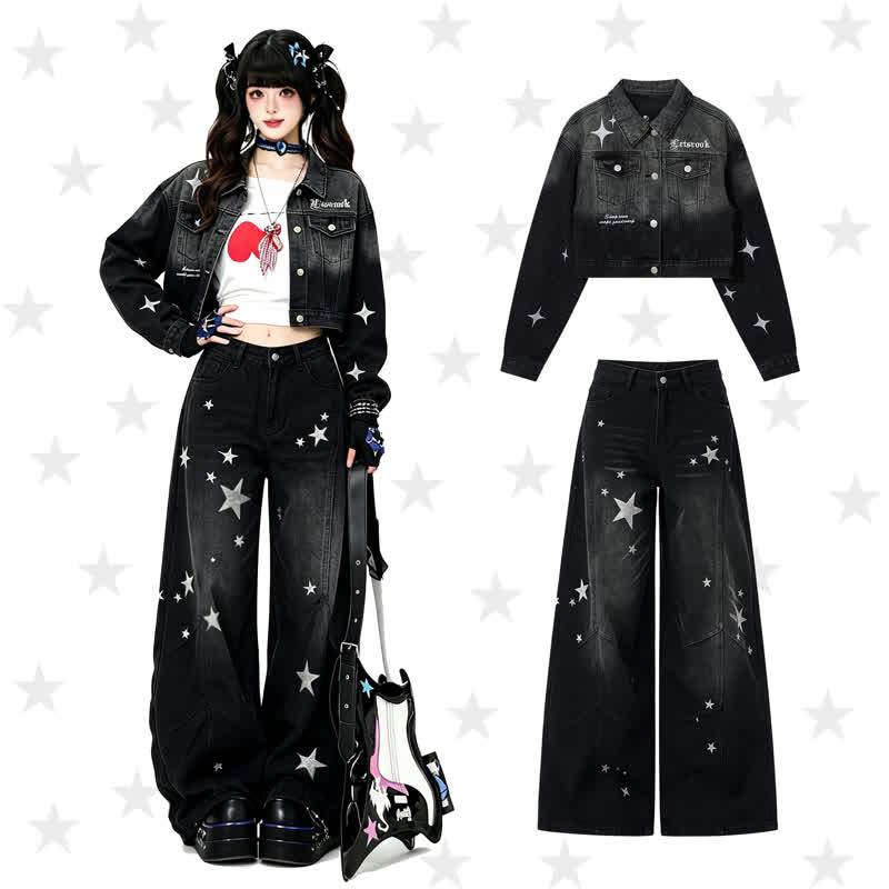 Star Print Gradient Denim Jacket Wide Leg Jeans Two Pieces Set - image 1
