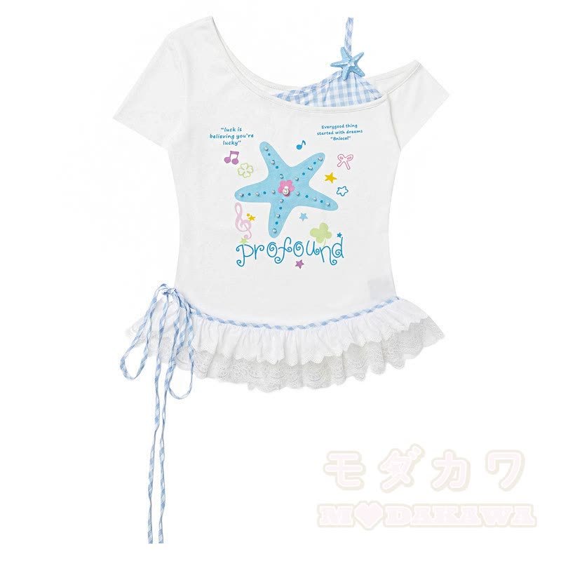 Star Print Off Shoulder Lace Top Polka Dot Wide Leg Pants Two Pieces Set - Blue Top - L - image 3