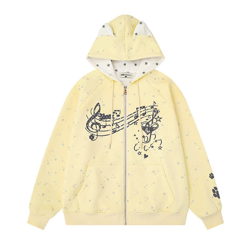 High Quality Cartoon Cat Ear Graphic Zip Up Hooded Sweatshirt - Yellow - XL - image 2