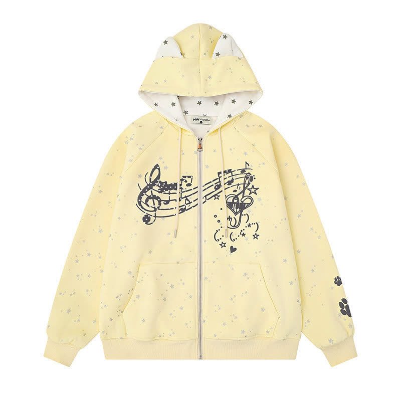 High Quality Cartoon Cat Ear Graphic Zip Up Hooded Sweatshirt - Yellow - XL - image 2
