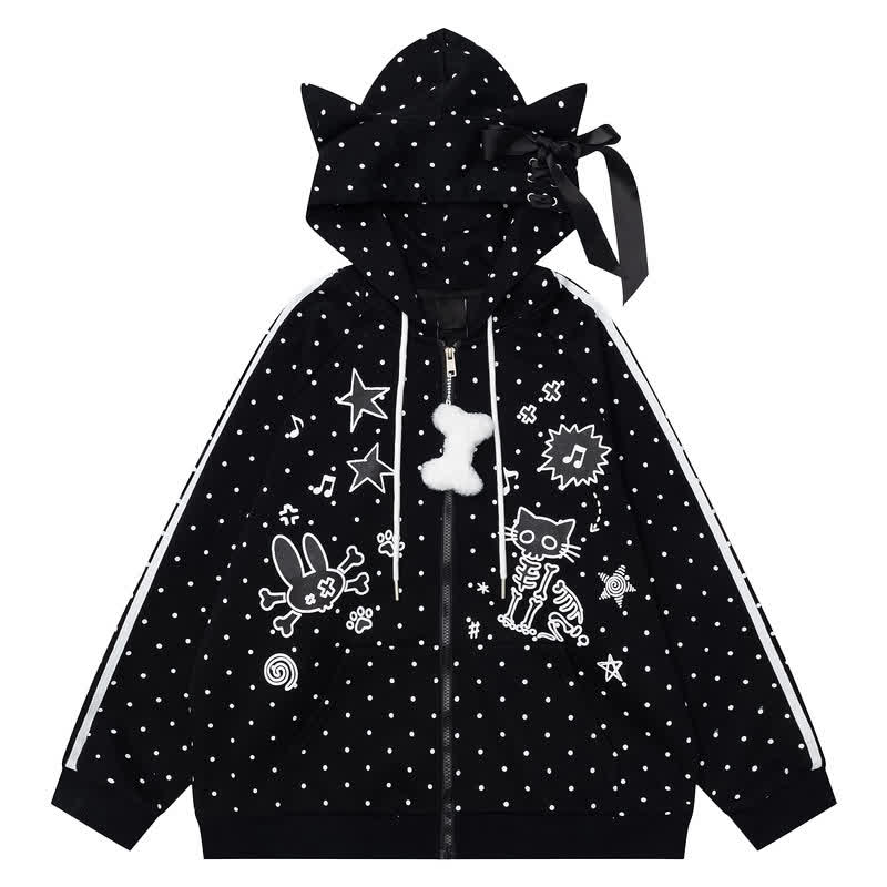 High Quality Durable Press Polka Dot Bow Zip Up Hooded Jacket - Black - L - image 3