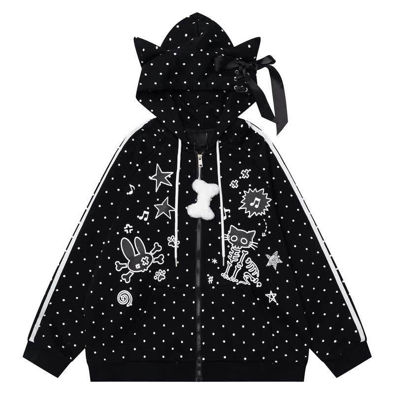 High Quality Durable Press Polka Dot Bow Zip Up Hooded Jacket - Black - L - image 3