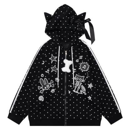 High Quality Durable Press Polka Dot Bow Zip Up Hooded Jacket - Black - L - image 3