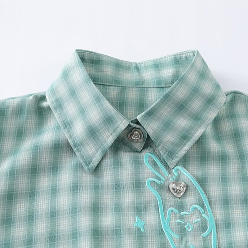 Embroidery Plaid Tie Cuff Puff Short Sleeve Lapel Shirt - image 4