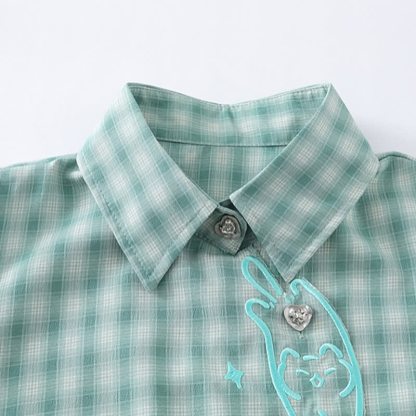 Embroidery Plaid Tie Cuff Puff Short Sleeve Lapel Shirt - image 4