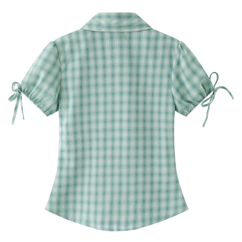 Embroidery Plaid Tie Cuff Puff Short Sleeve Lapel Shirt - image 2