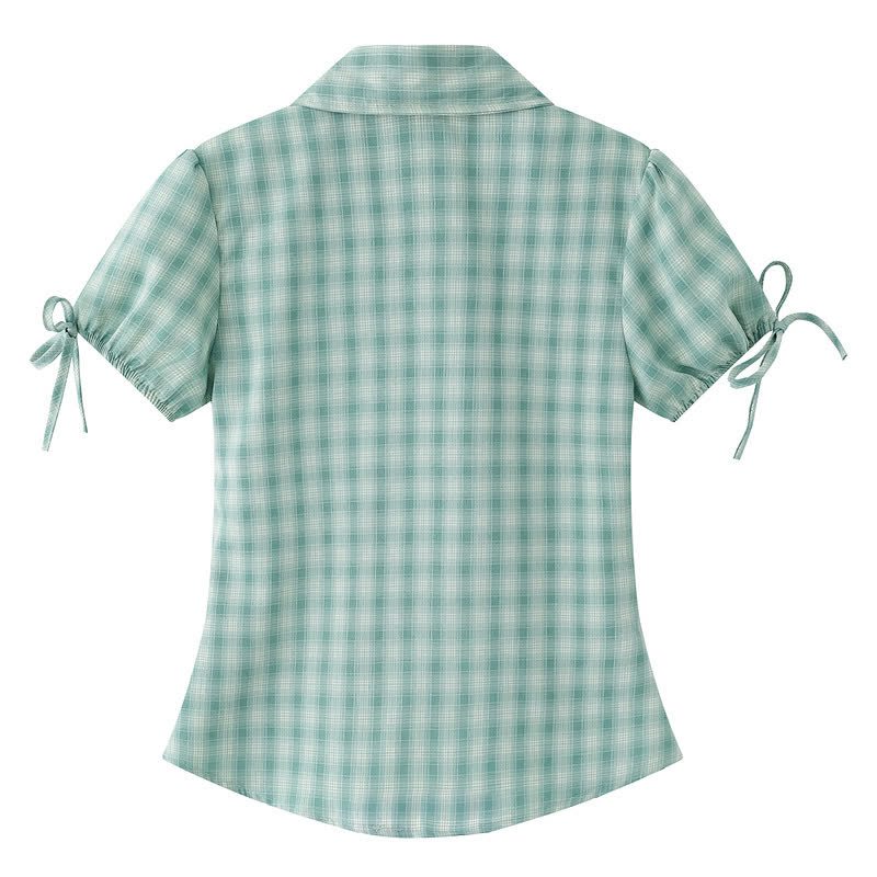 Embroidery Plaid Tie Cuff Puff Short Sleeve Lapel Shirt - image 2