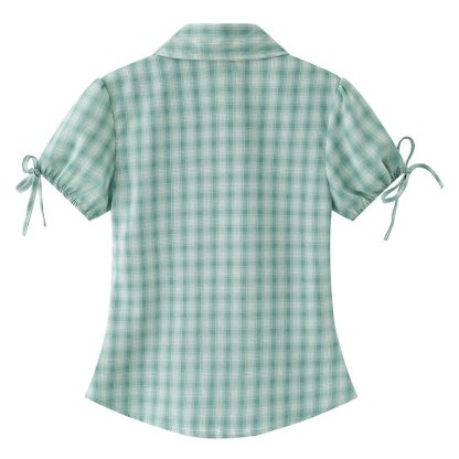 Embroidery Plaid Tie Cuff Puff Short Sleeve Lapel Shirt - image 2