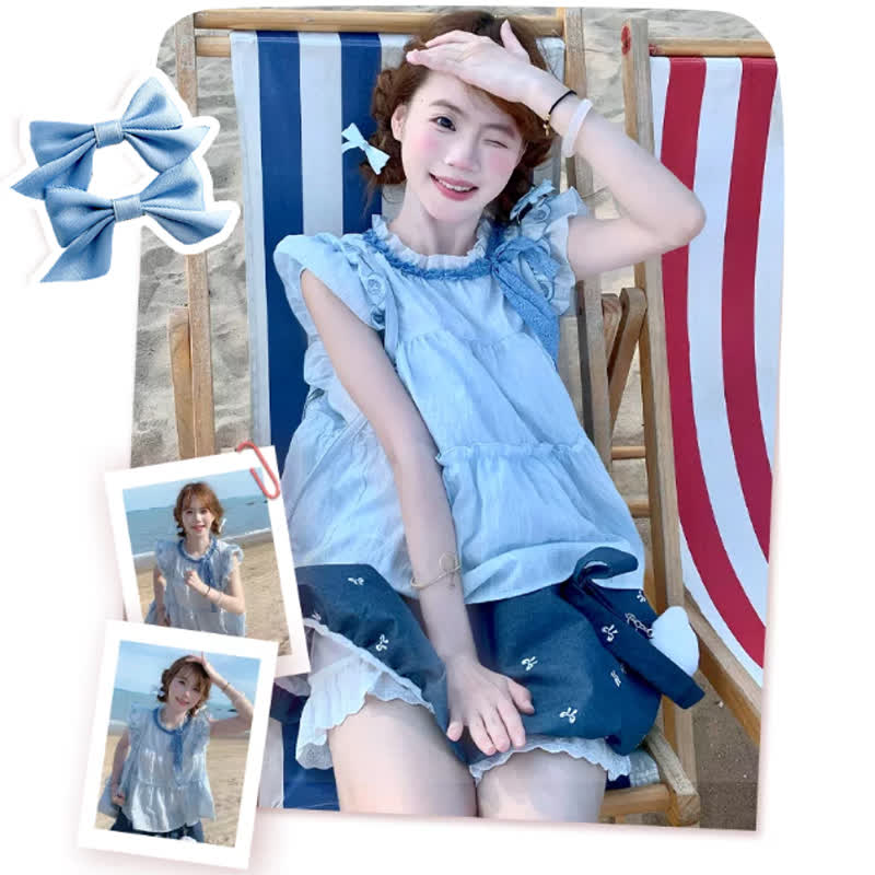 Sweet Ribbon Flutter Sleeve Blouse Bow Print Ruffle Skirt Two Pieces Set - image 1