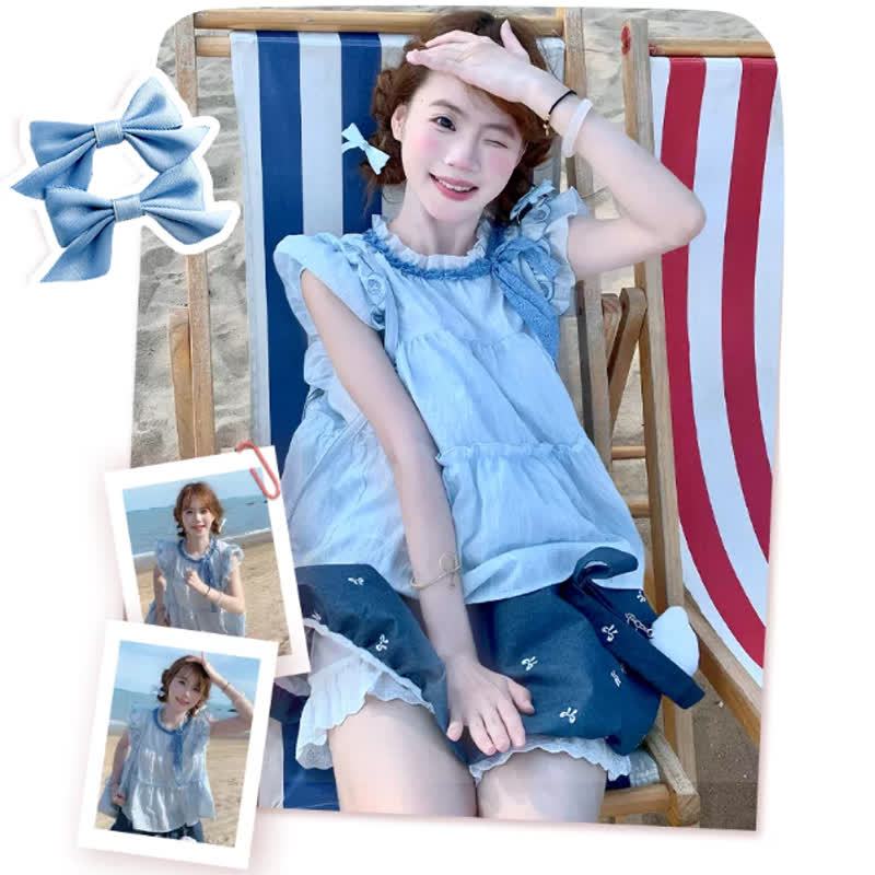 Sweet Ribbon Flutter Sleeve Blouse Bow Print Ruffle Skirt Two Pieces Set - image 1