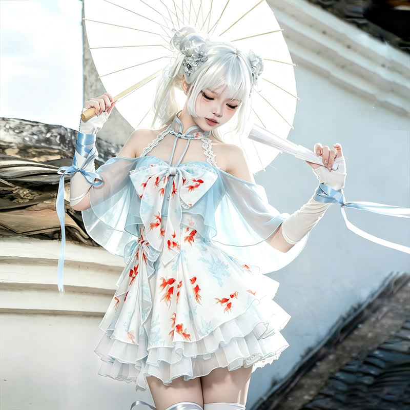 Goldfish Print Halter Neck Bow Ruffle Dress - image 1