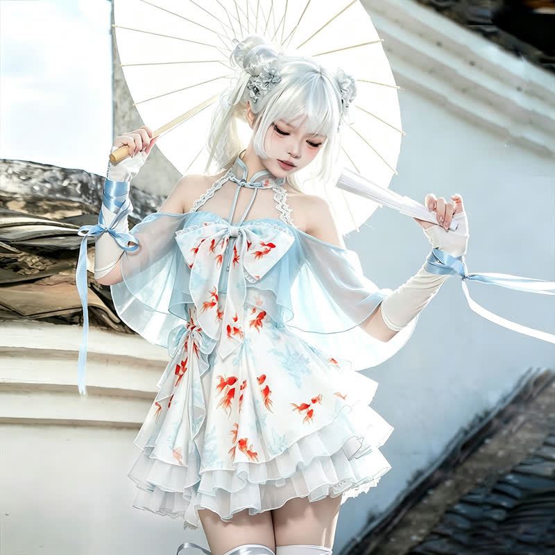 Goldfish Print Halter Neck Bow Ruffle Dress - image 1