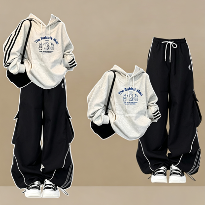 Striped Rabbit Print Hoodie Cargo Wide Leg Pants Two Pieces Set - Set - 3XL - image 1
